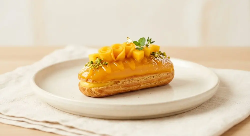 Mini éclair topped with mango