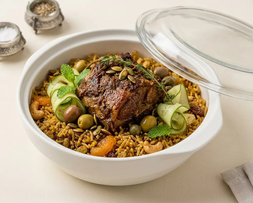 Baked rice dish with slow-cooked meat, olives and fresh herbs