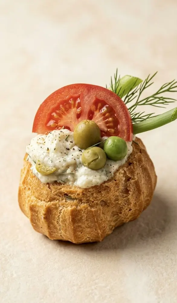 Savory choux puff with cream cheese, olives, tomato and dill